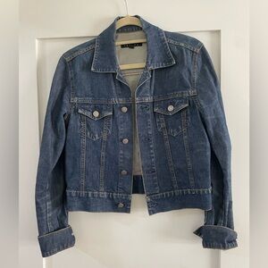 Theory dark denim cropped jacket, size M.